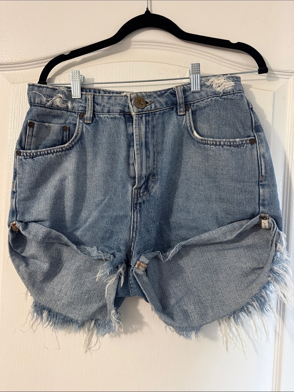 One Teaspoon Light Blue Distressed Roll-Tab Denim Shorts